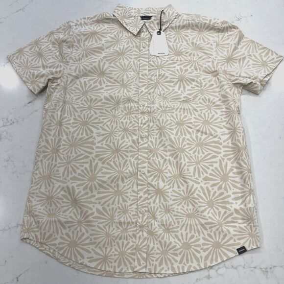 prAna NEW Stimmersee Shirt Medium Chalk Tan Floral Short Sleeve Button Organic - Picture 1 of 16